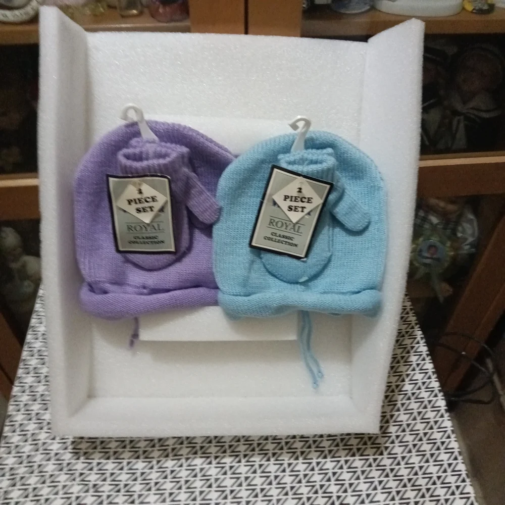 Purple and Blue Baby Hat and Mittens Set